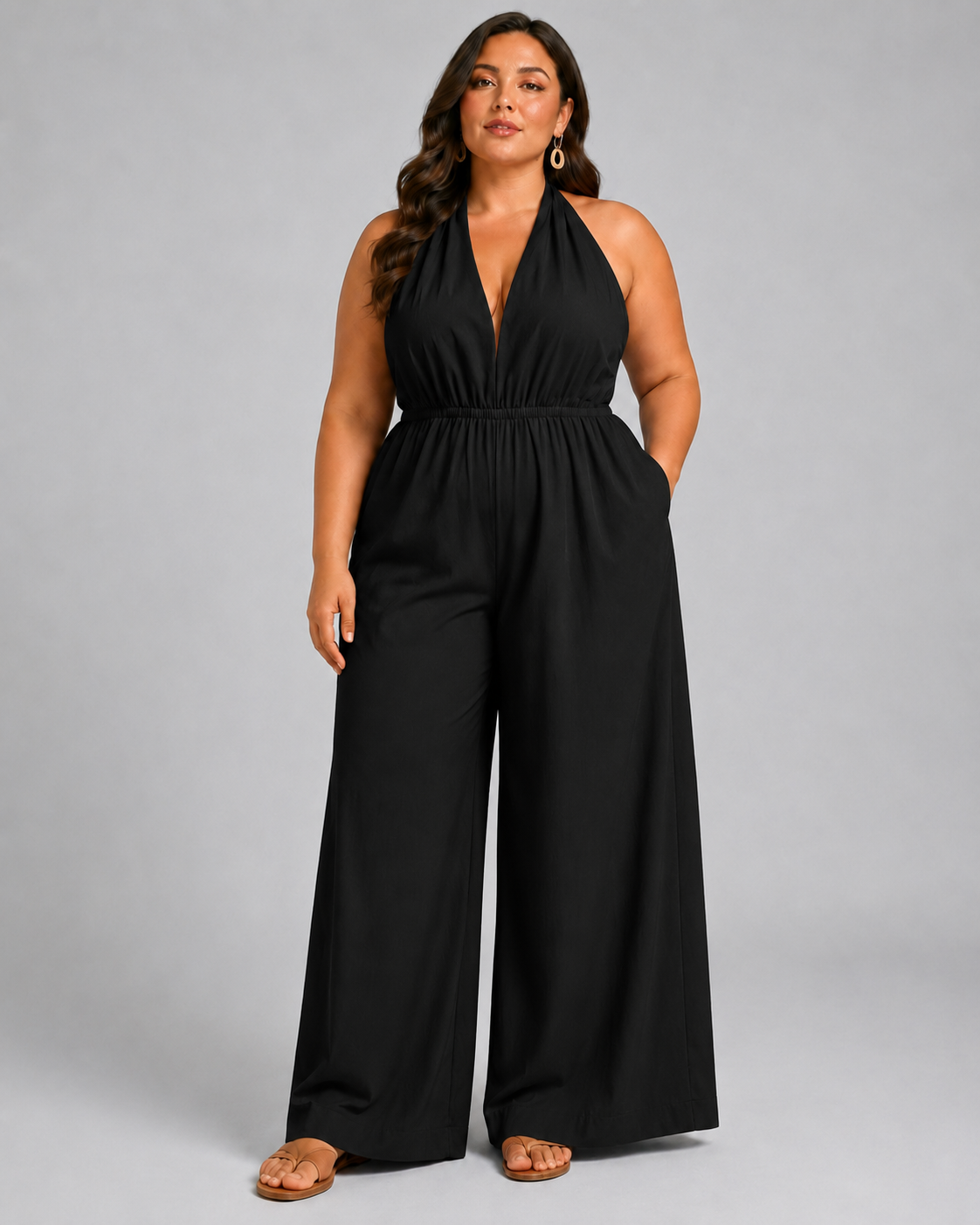 V-Neck Halter Neck Wide Leg Jumpsuit with Pockets - Luxxella