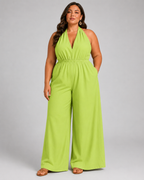 V-Neck Halter Neck Wide Leg Jumpsuit with Pockets - Luxxella