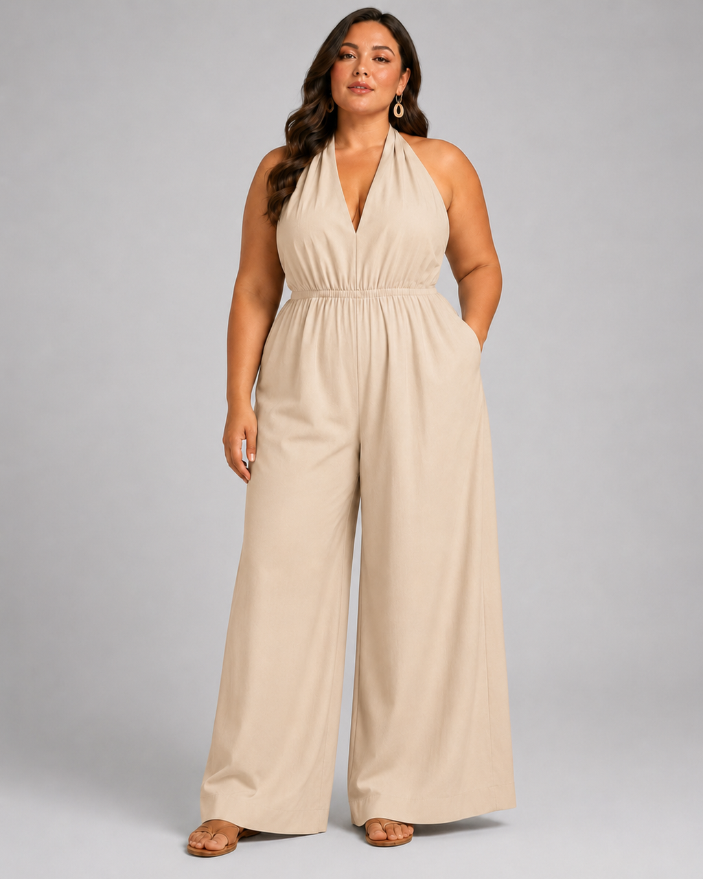 V-Neck Halter Neck Wide Leg Jumpsuit with Pockets - Luxxella