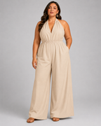 V-Neck Halter Neck Wide Leg Jumpsuit with Pockets - Luxxella