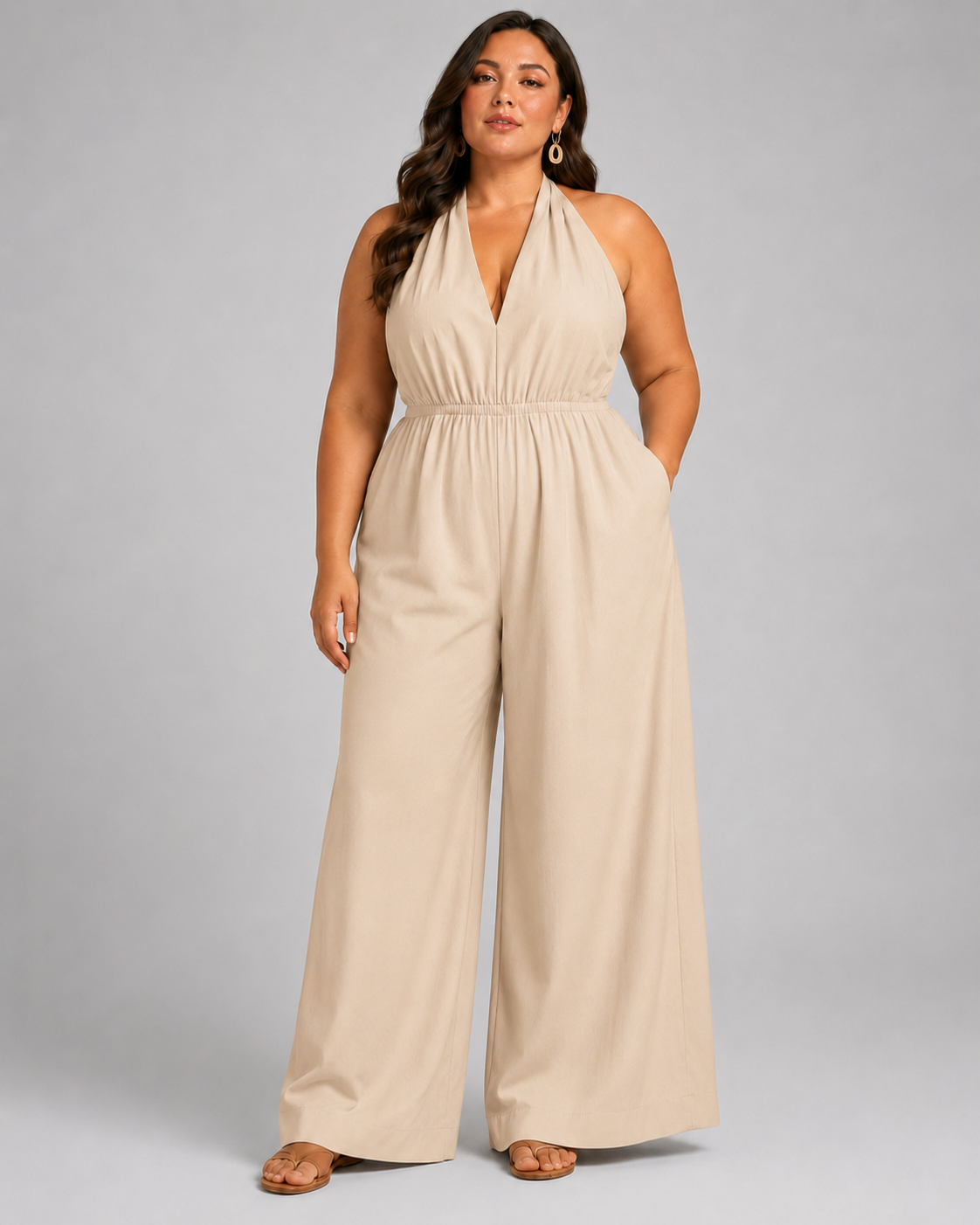 V-Neck Halter Neck Wide Leg Jumpsuit with Pockets - Luxxella