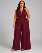 V-Neck Halter Neck Wide Leg Jumpsuit with Pockets - Luxxella