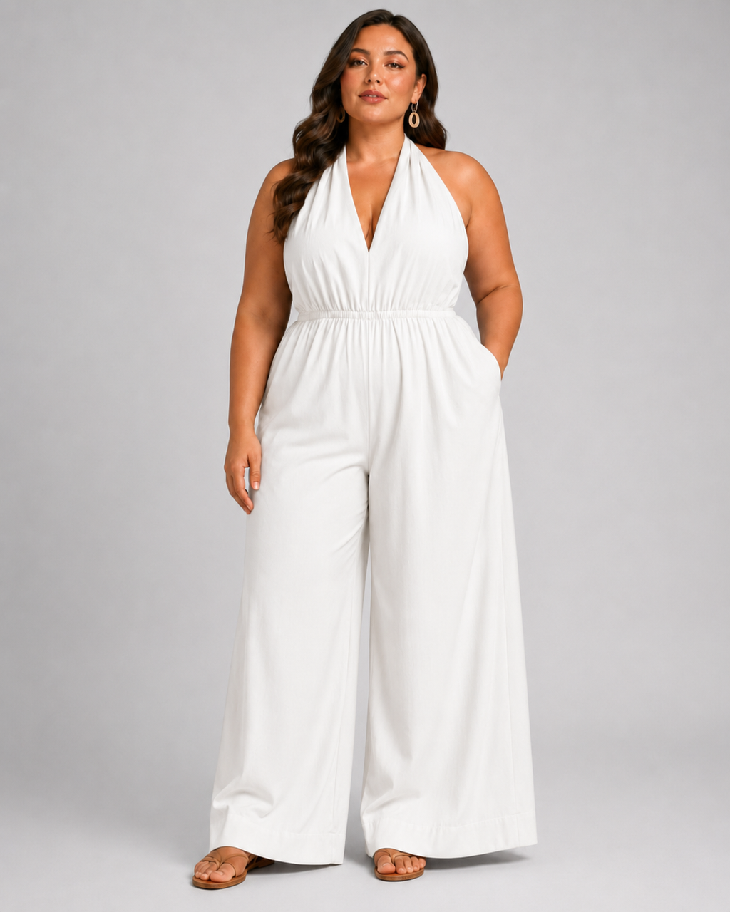 V-Neck Halter Neck Wide Leg Jumpsuit with Pockets - Luxxella