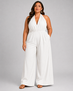 V-Neck Halter Neck Wide Leg Jumpsuit with Pockets - Luxxella