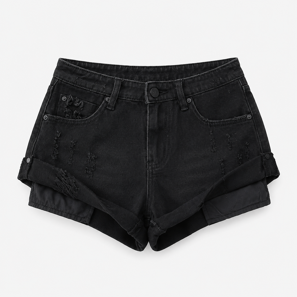 Low Waisted Ripped Denim Shorts Rolled Hem Distressed Mini Jean Hot Pants - Luxxella