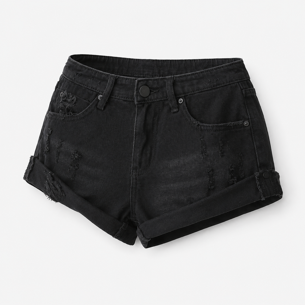Low Waisted Ripped Denim Shorts Rolled Hem Distressed Mini Jean Hot Pants - Luxxella