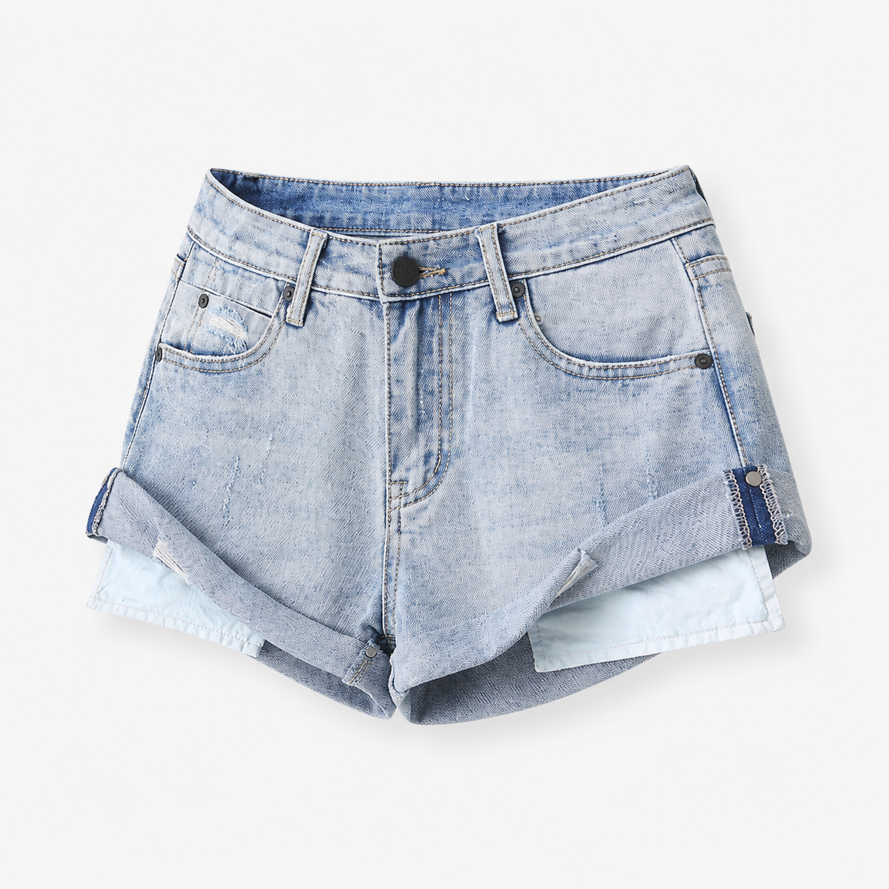 Low Waisted Ripped Denim Shorts Rolled Hem Distressed Mini Jean Hot Pants - Luxxella