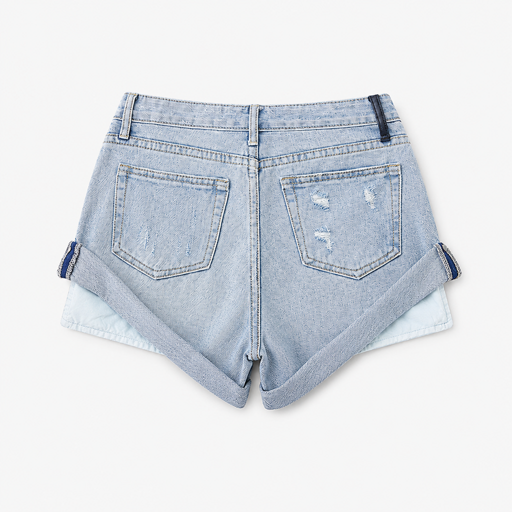 Low Waisted Ripped Denim Shorts Rolled Hem Distressed Mini Jean Hot Pants - Luxxella