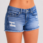 Denim Jean Shorts with Frayed Hem and Whisker Wash - Luxxella