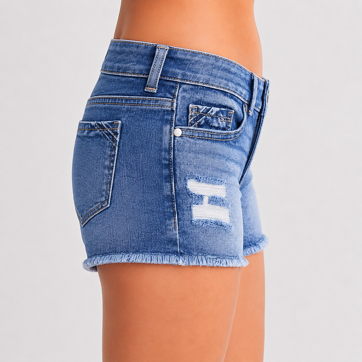 Denim Jean Shorts with Frayed Hem and Whisker Wash - Luxxella