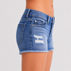Denim Jean Shorts with Frayed Hem and Whisker Wash - Luxxella