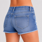 Denim Jean Shorts with Frayed Hem and Whisker Wash - Luxxella