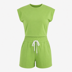2-Piece Summer Lounge Set – Cap Sleeve Crop Top and High Waisted Drawstring Shorts - Luxxella