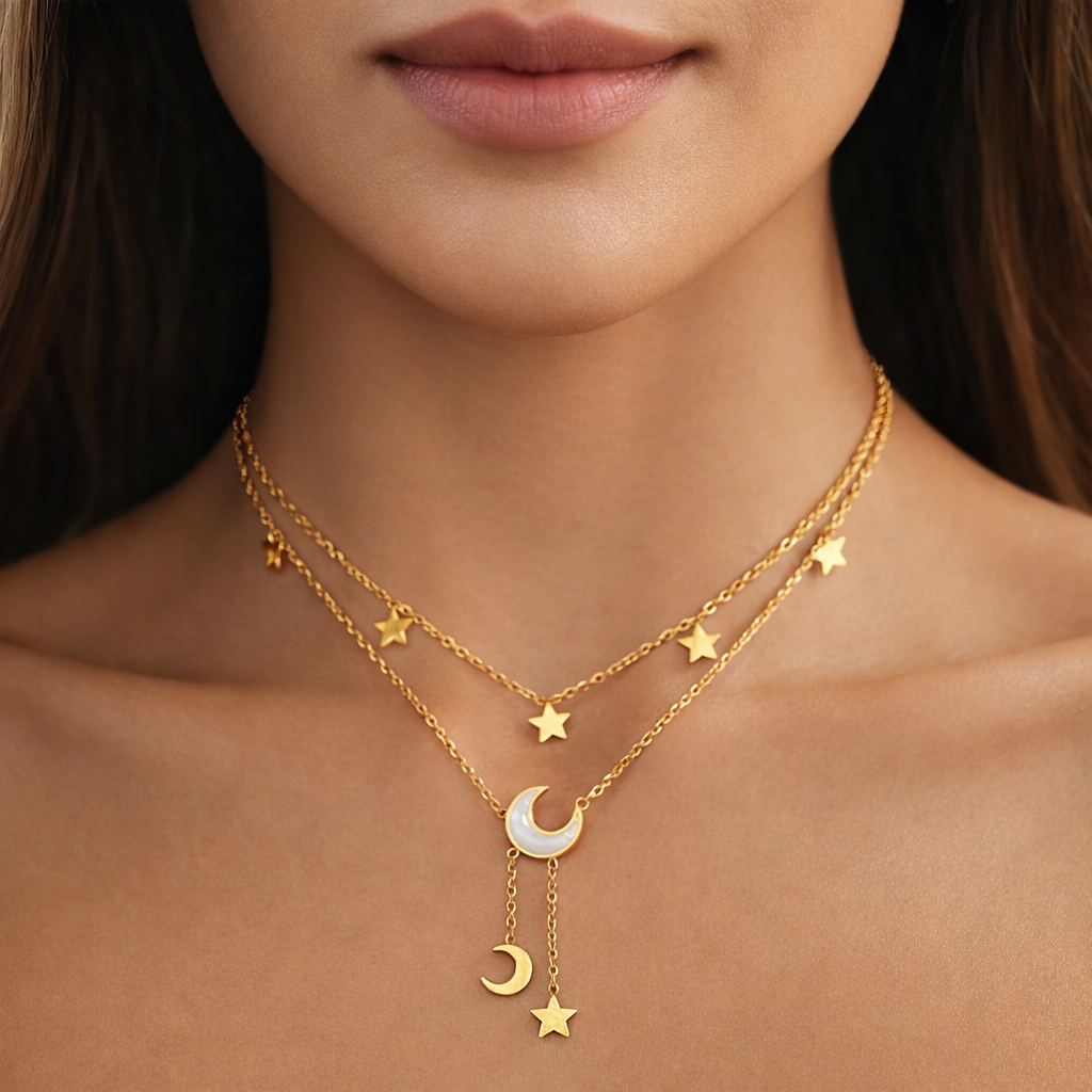 Moon and Stars Necklace – Gold Layered Astrology Chain Jewelry - Luxxella