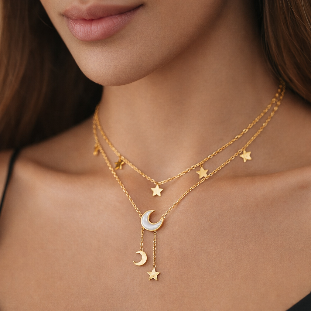 Moon and Stars Necklace – Gold Layered Astrology Chain Jewelry - Luxxella