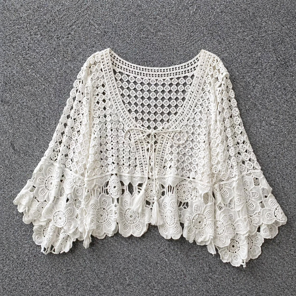 Crochet Lace Beach Cover Up Top – Tie Front Bell Sleeve Blouse - Luxxella