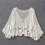 Crochet Lace Beach Cover Up Top – Tie Front Bell Sleeve Blouse - Luxxella