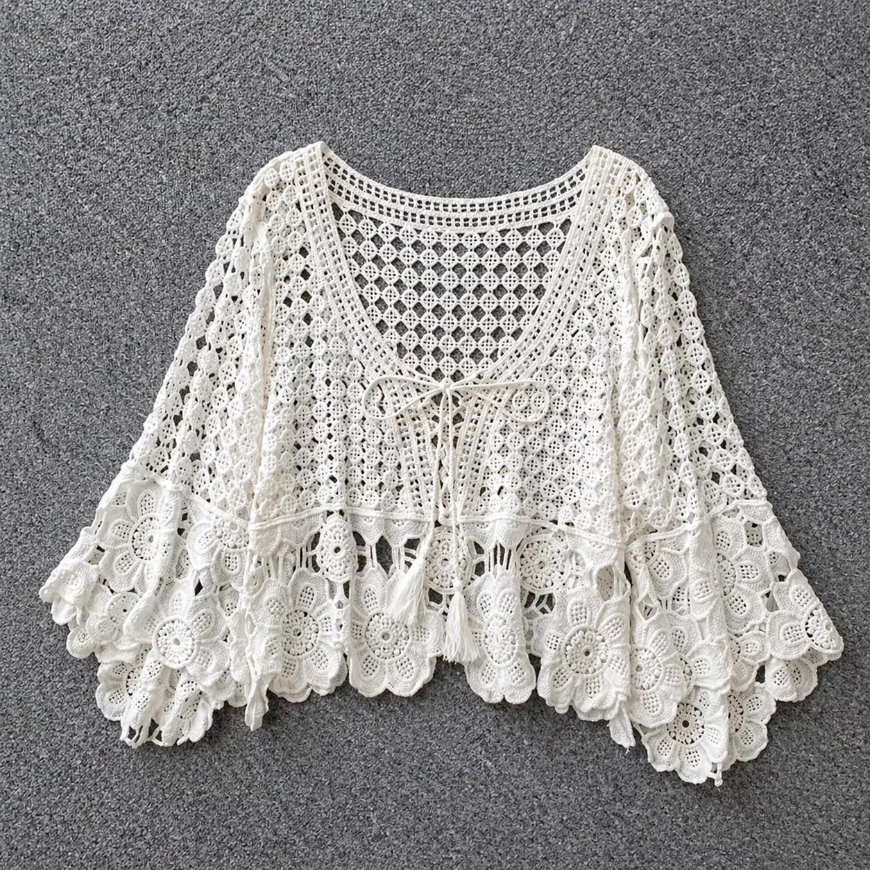 Crochet Lace Beach Cover Up Top – Tie Front Bell Sleeve Blouse - Luxxella