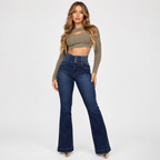 High‑Waist Jeans – Button Front with Shirred Back, Elegant Casual Fit - Luxxella