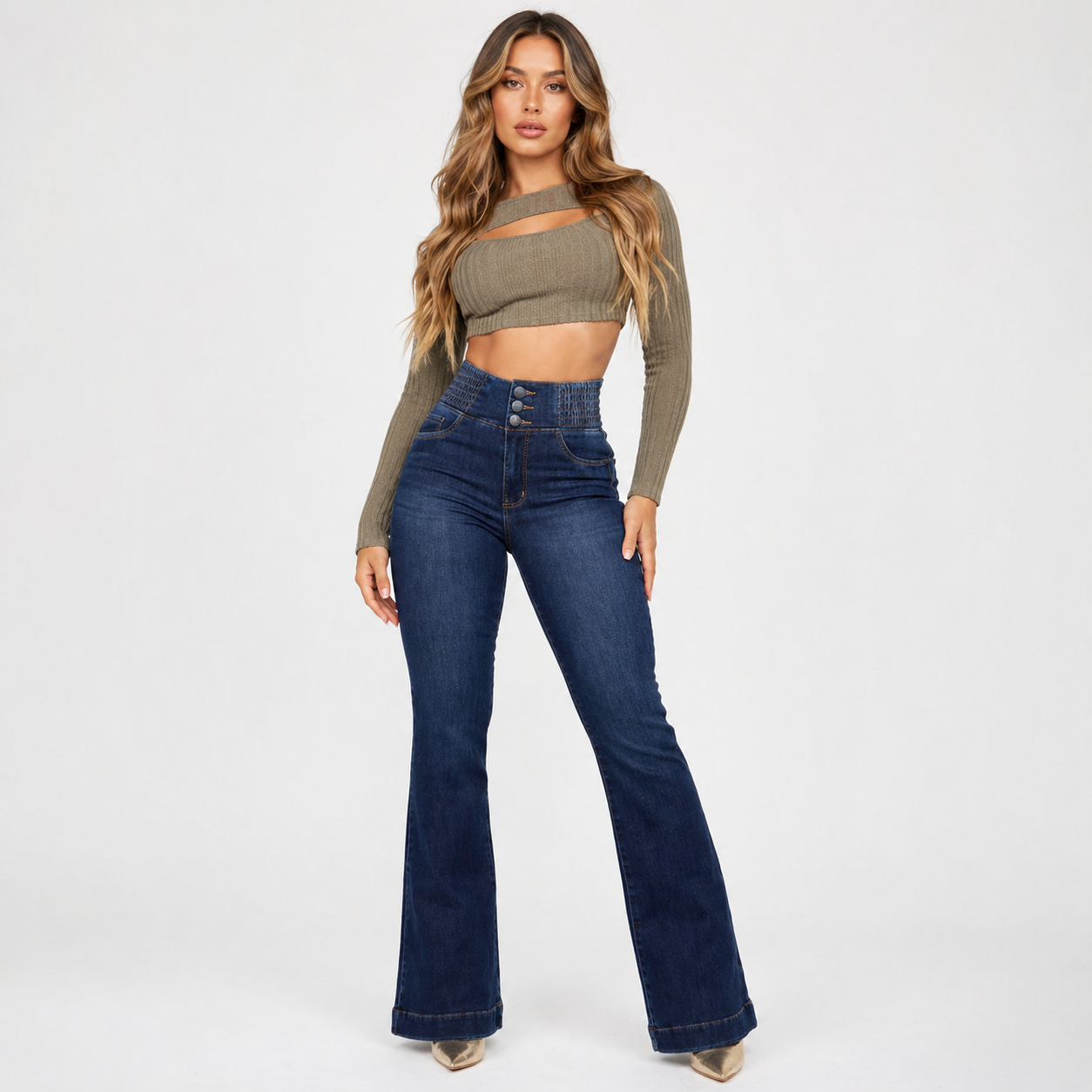 High‑Waist Jeans – Button Front with Shirred Back, Elegant Casual Fit - Luxxella