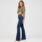 High‑Waist Jeans – Button Front with Shirred Back, Elegant Casual Fit - Luxxella