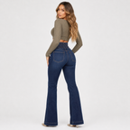 High‑Waist Jeans – Button Front with Shirred Back, Elegant Casual Fit - Luxxella
