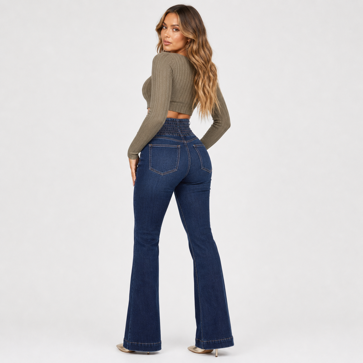 High‑Waist Jeans – Button Front with Shirred Back, Elegant Casual Fit - Luxxella