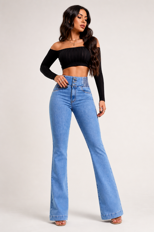 High‑Waist Jeans – Button Front with Shirred Back, Elegant Casual Fit - Luxxella