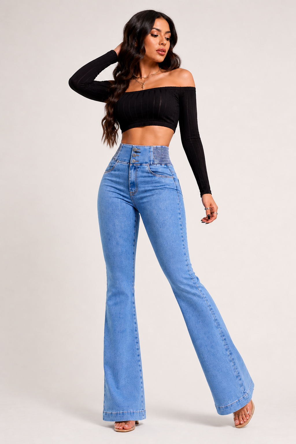 High‑Waist Jeans – Button Front with Shirred Back, Elegant Casual Fit - Luxxella