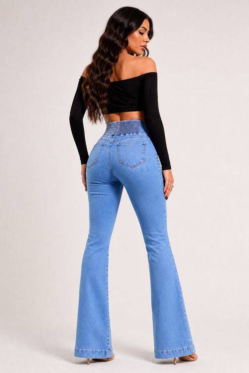 High‑Waist Jeans – Button Front with Shirred Back, Elegant Casual Fit - Luxxella