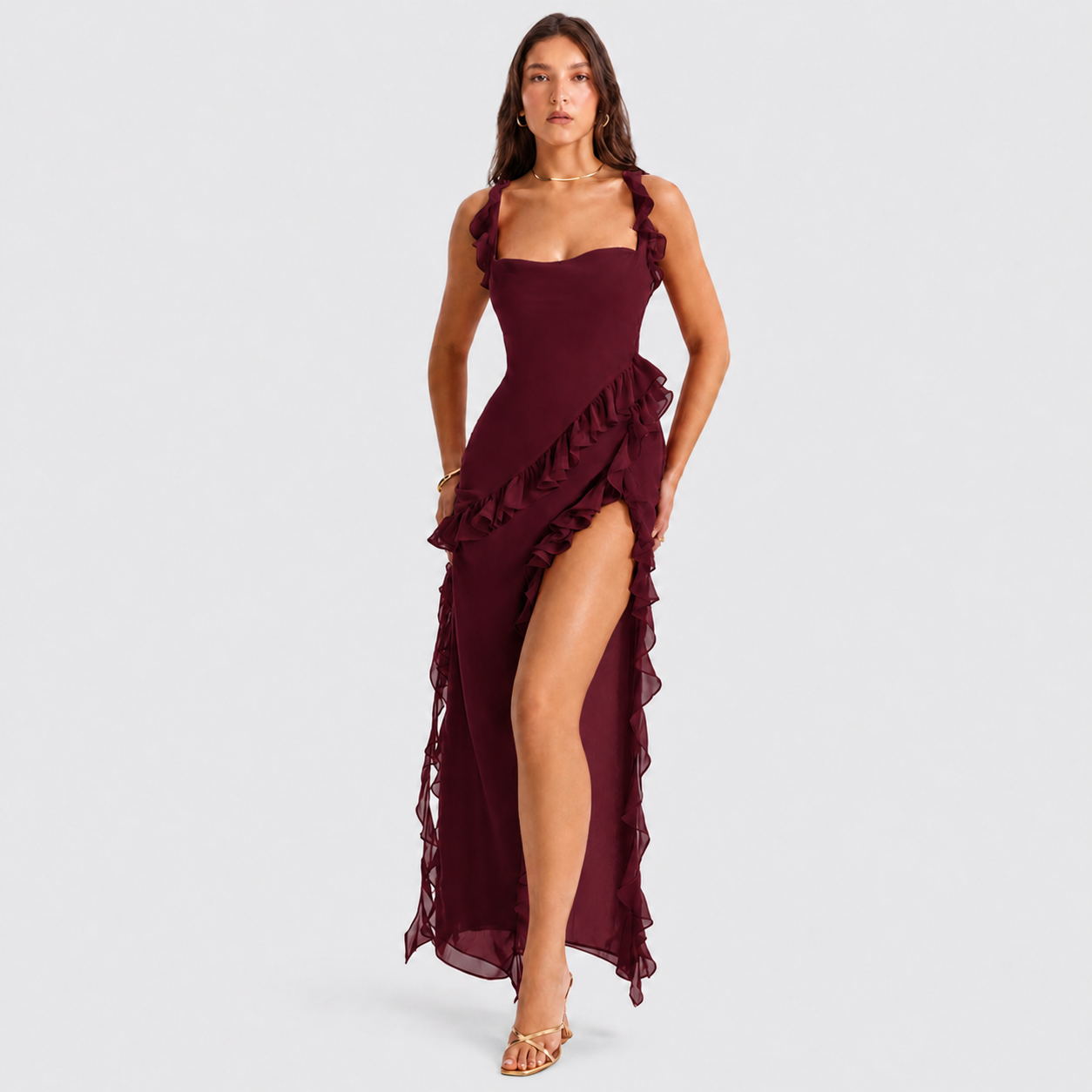 Square Neck Ruffle Maxi Dress - High Slit Sleeveless Evening Gown for Wedding Guests - Luxxella