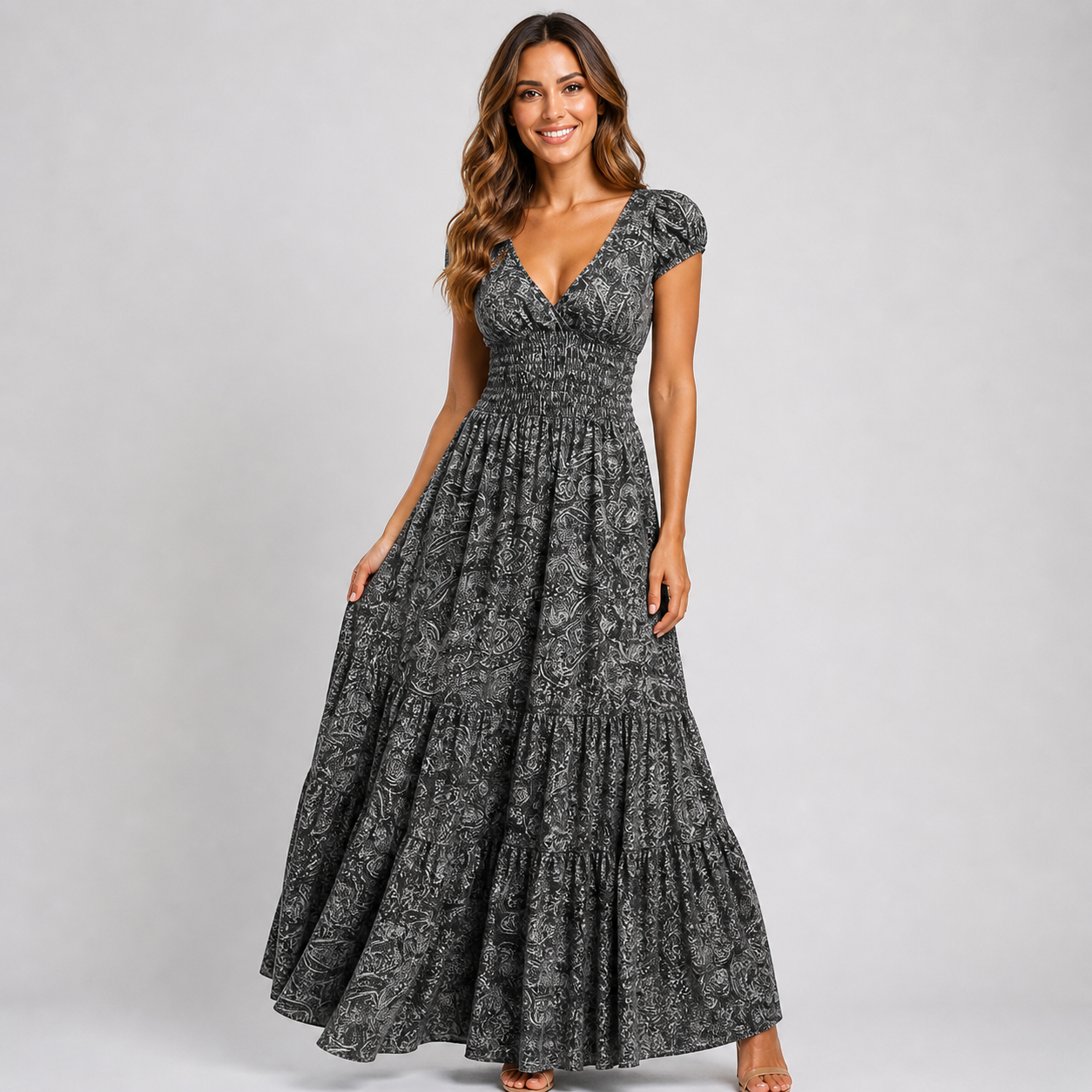 Boho Paisley Print Maxi Dress - Smocked Waist V-Neck Tiered Summer Sundress - Luxxella