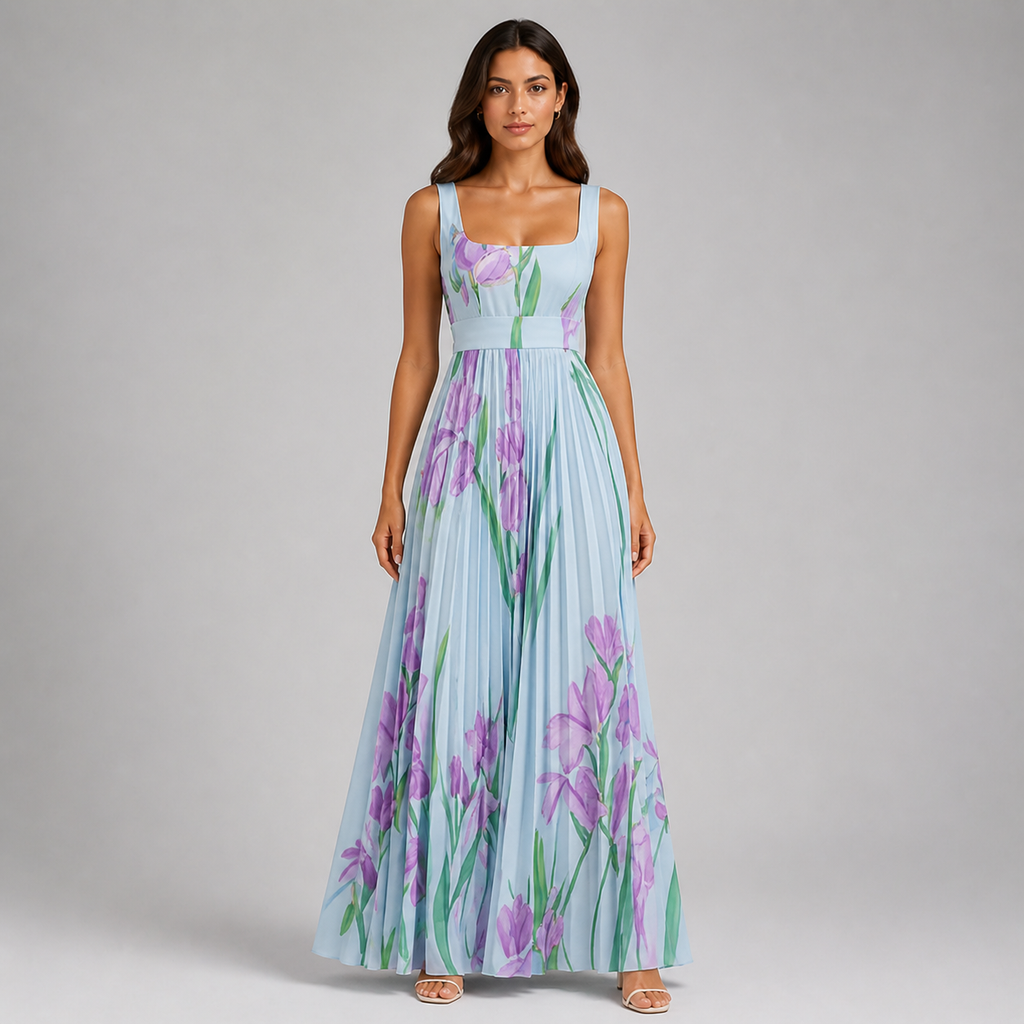 Square Neck Pleated Maxi Dress - Elegant Watercolor Floral Belted Gown - Luxxella