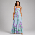 Square Neck Pleated Maxi Dress - Elegant Watercolor Floral Belted Gown - Luxxella