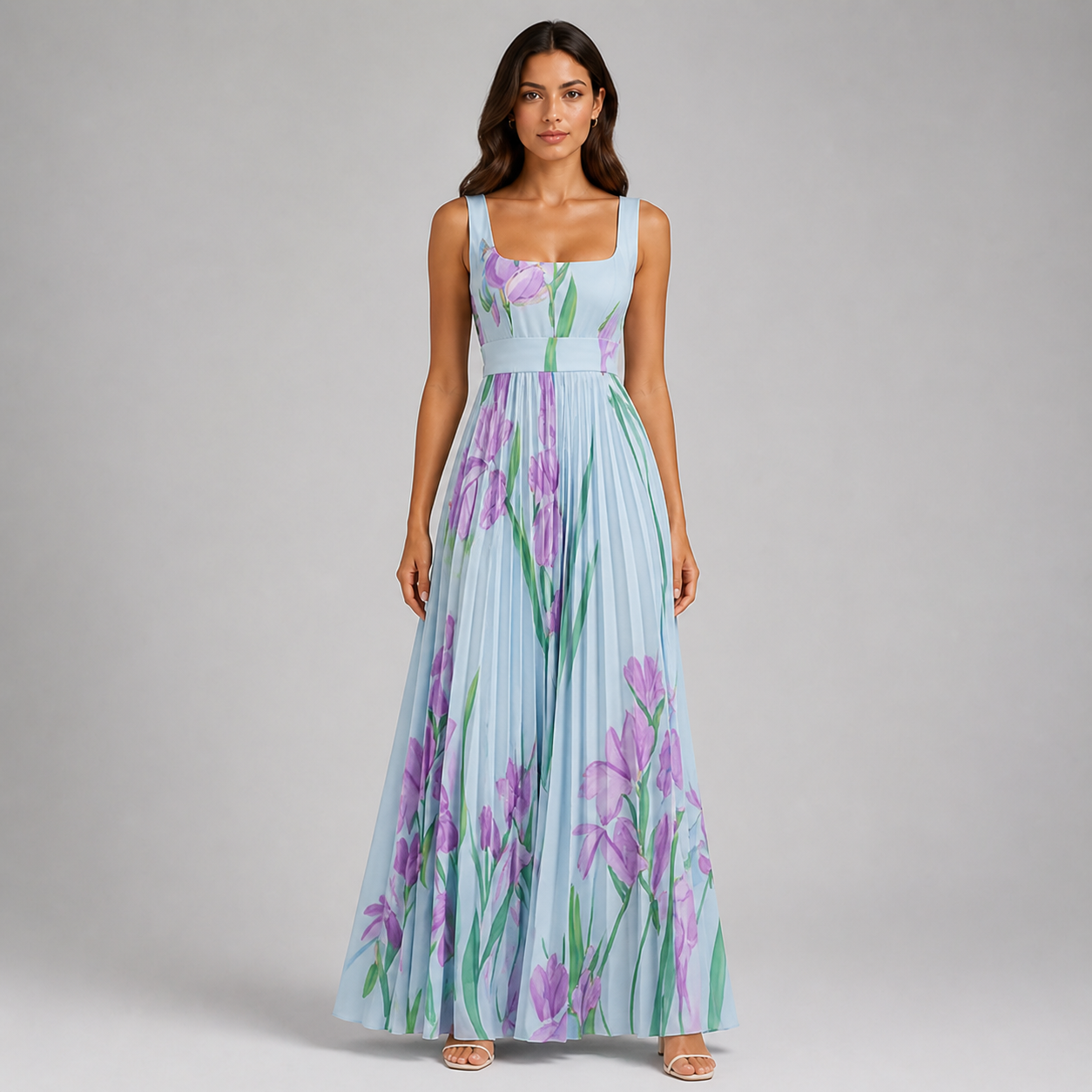 Square Neck Pleated Maxi Dress - Elegant Watercolor Floral Belted Gown - Luxxella