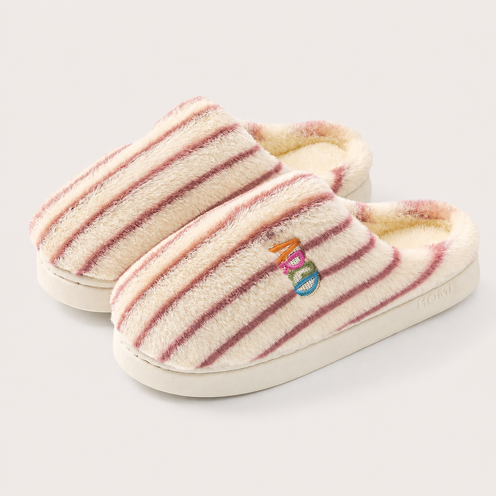Plush Striped Bedroom Slippers – Warm Letter Embroidered Indoor House Shoes - Luxxella
