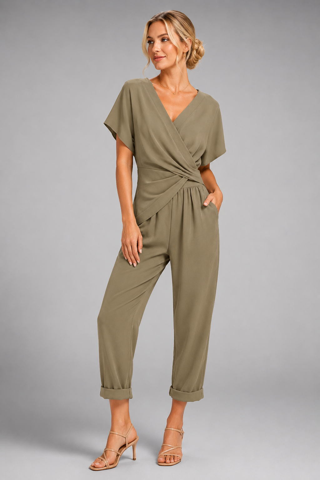 V-Neck Short Sleeve Jumpsuit – Cross Wrap Waist Wide Leg Romper for Summer - Luxxella