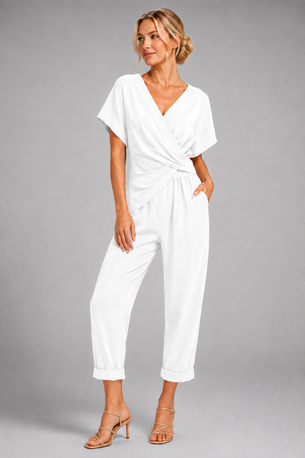V-Neck Short Sleeve Jumpsuit – Cross Wrap Waist Wide Leg Romper for Summer - Luxxella