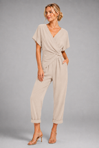 V-Neck Short Sleeve Jumpsuit – Cross Wrap Waist Wide Leg Romper for Summer - Luxxella