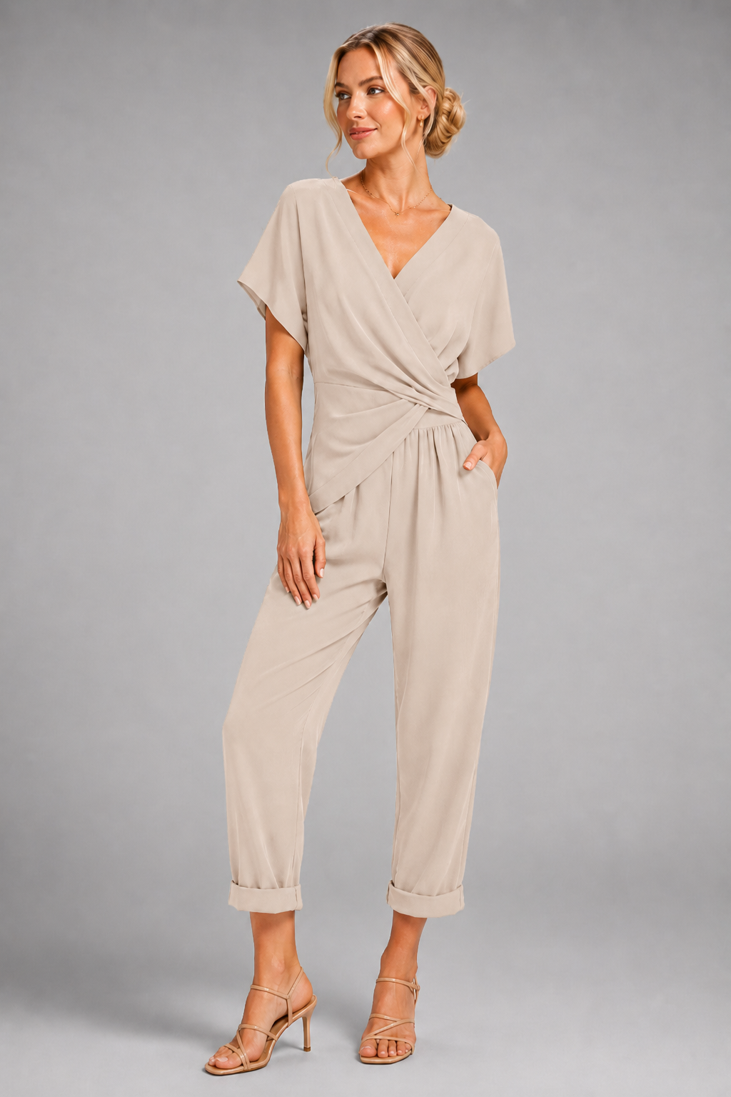 V-Neck Short Sleeve Jumpsuit – Cross Wrap Waist Wide Leg Romper for Summer - Luxxella
