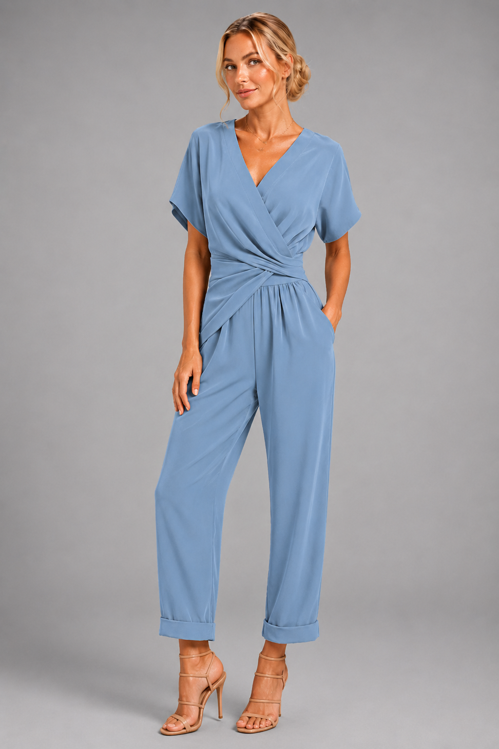 V-Neck Short Sleeve Jumpsuit – Cross Wrap Waist Wide Leg Romper for Summer - Luxxella