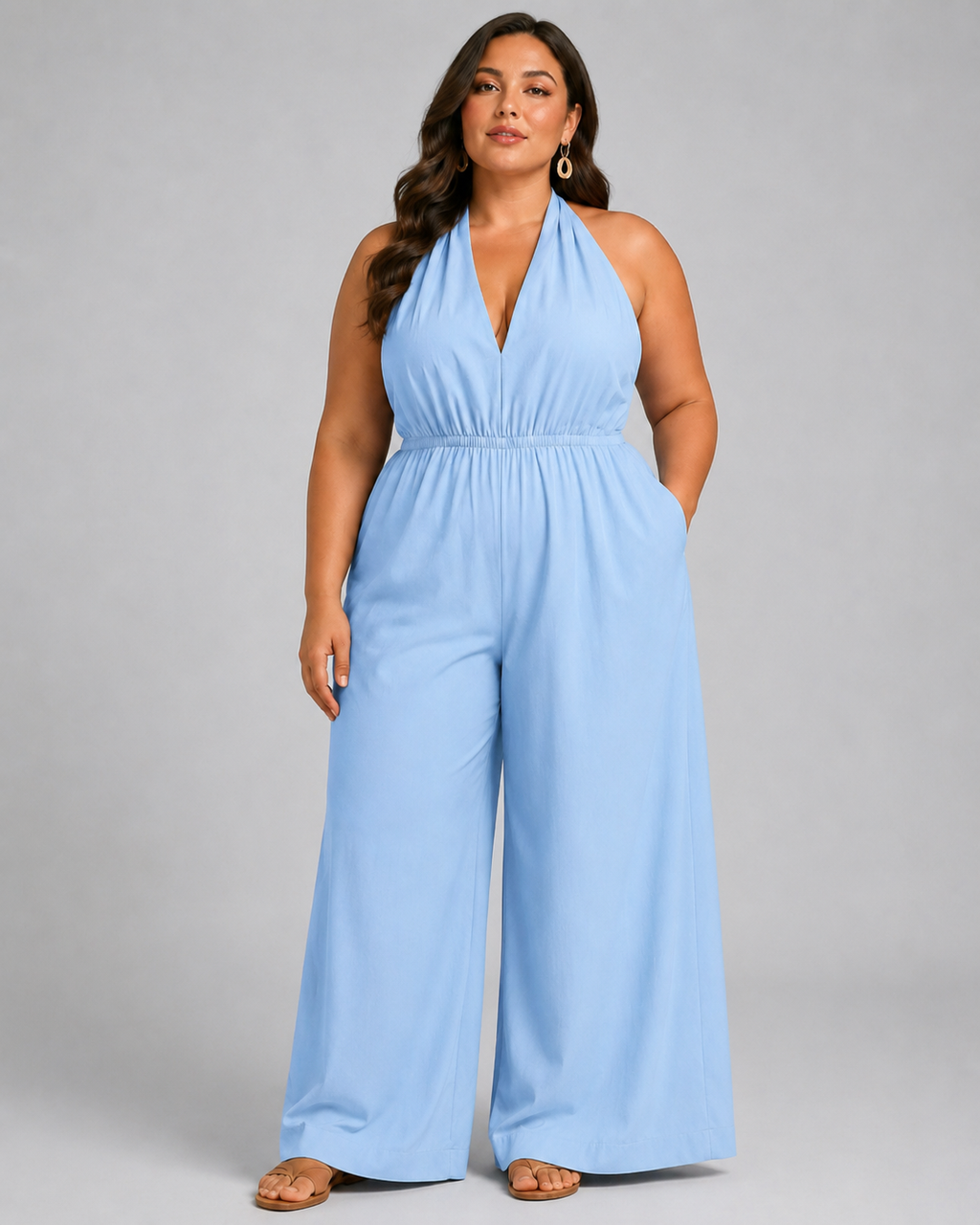 V-Neck Halter Neck Wide Leg Jumpsuit with Pockets - Luxxella