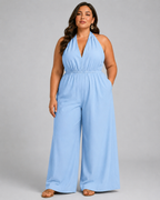 V-Neck Halter Neck Wide Leg Jumpsuit with Pockets - Luxxella
