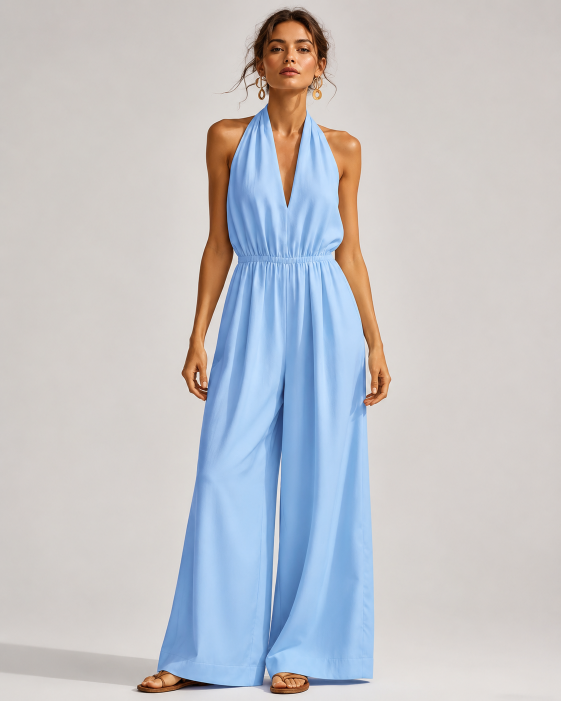 V-Neck Halter Neck Wide Leg Jumpsuit with Pockets - Luxxella