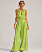 V-Neck Halter Neck Wide Leg Jumpsuit with Pockets - Luxxella