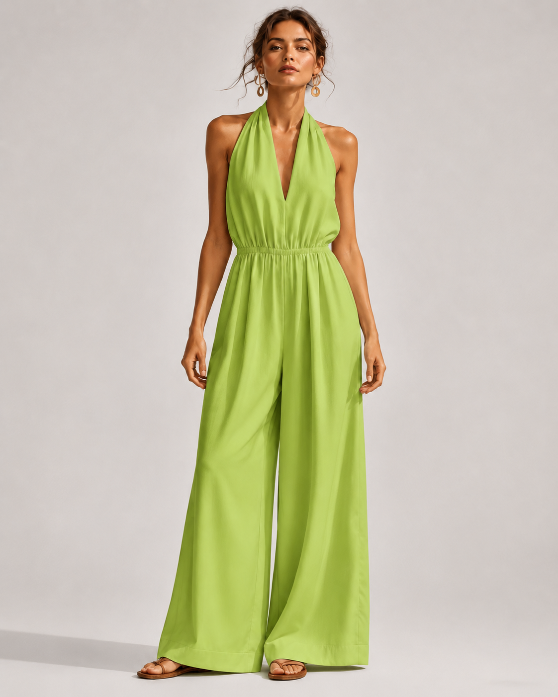 V-Neck Halter Neck Wide Leg Jumpsuit with Pockets - Luxxella