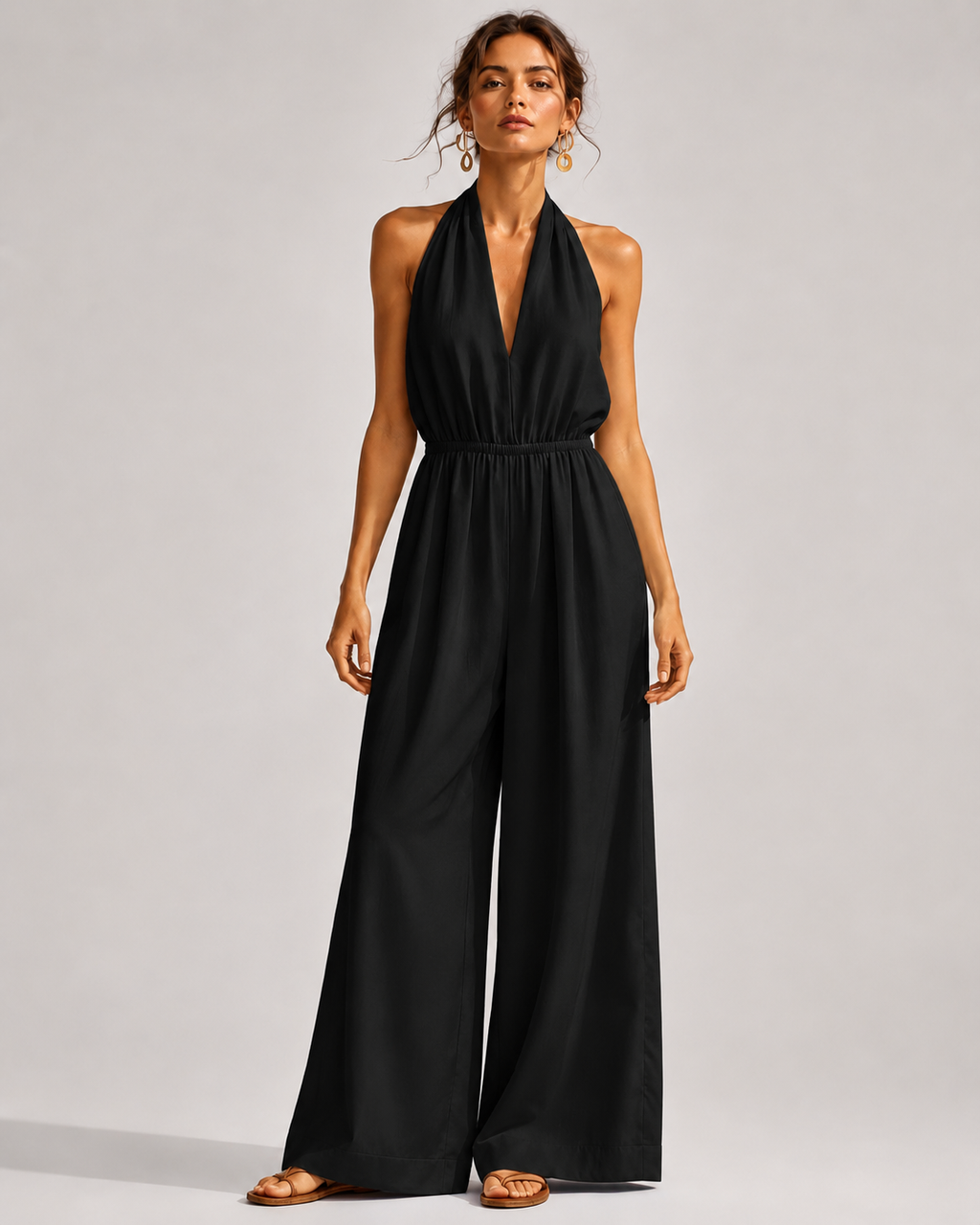 V-Neck Halter Neck Wide Leg Jumpsuit with Pockets - Luxxella