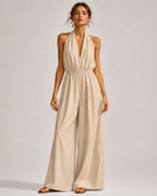 V-Neck Halter Neck Wide Leg Jumpsuit with Pockets - Luxxella