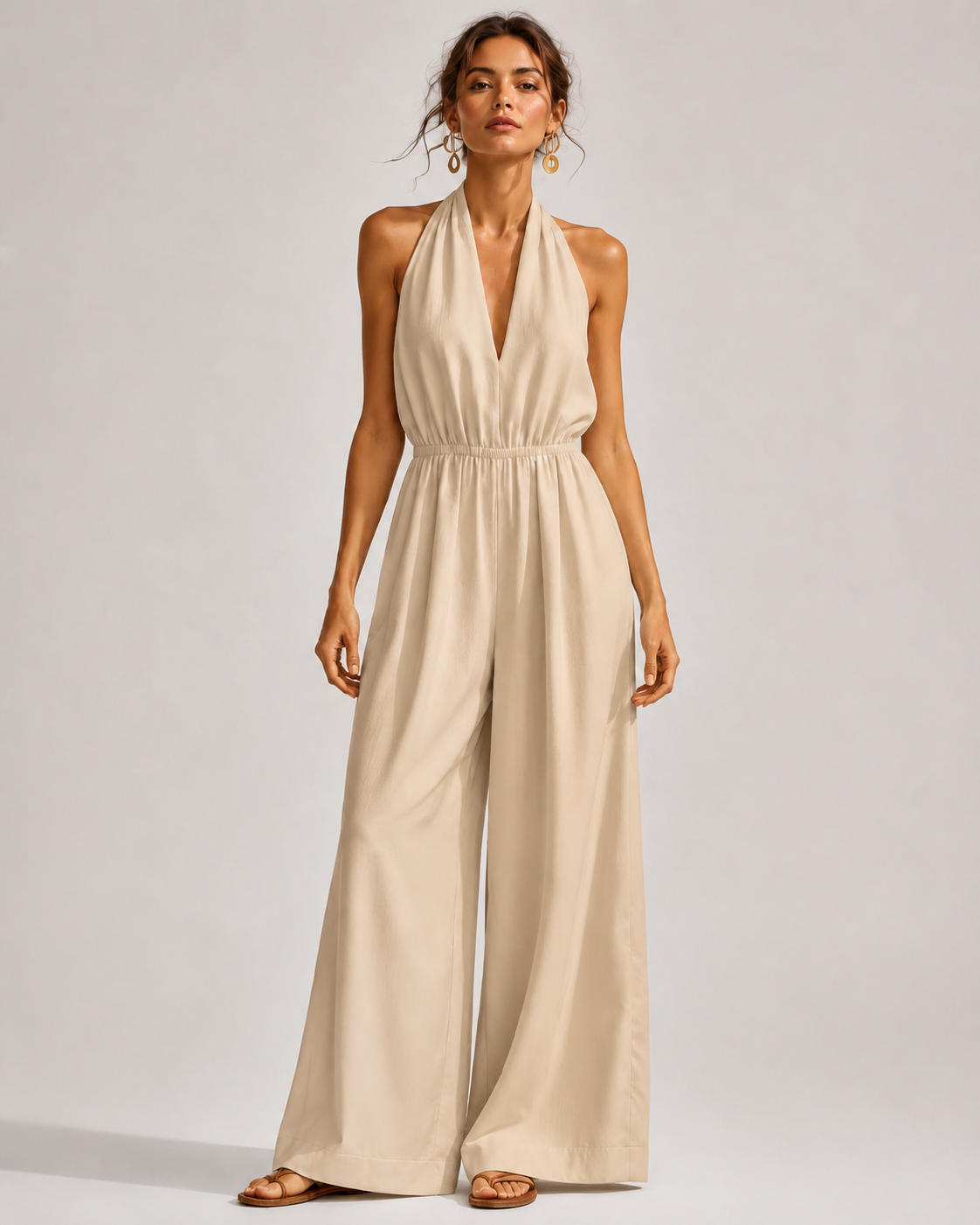 V-Neck Halter Neck Wide Leg Jumpsuit with Pockets - Luxxella