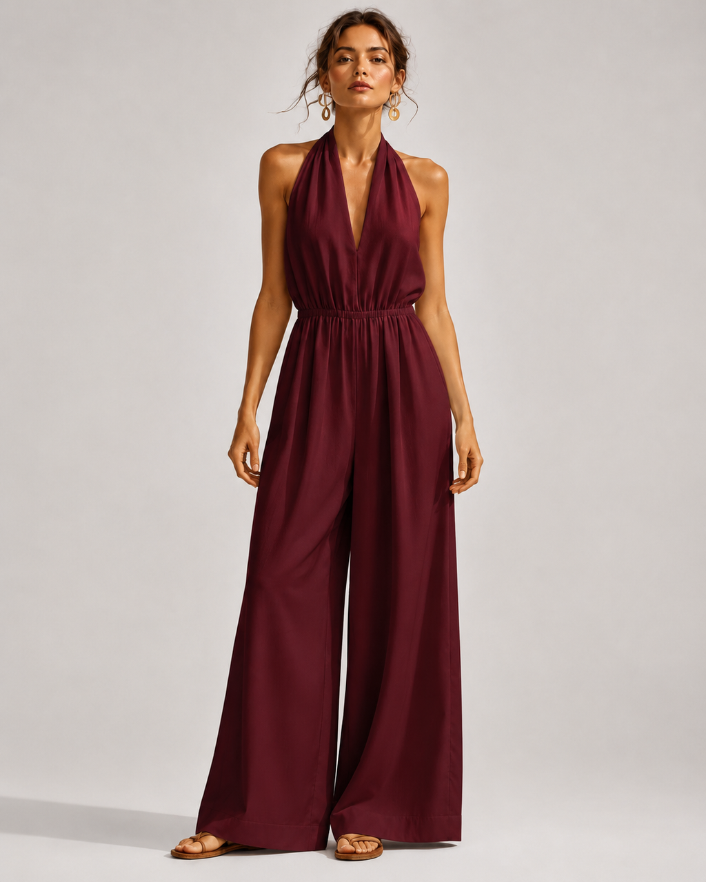 V-Neck Halter Neck Wide Leg Jumpsuit with Pockets - Luxxella